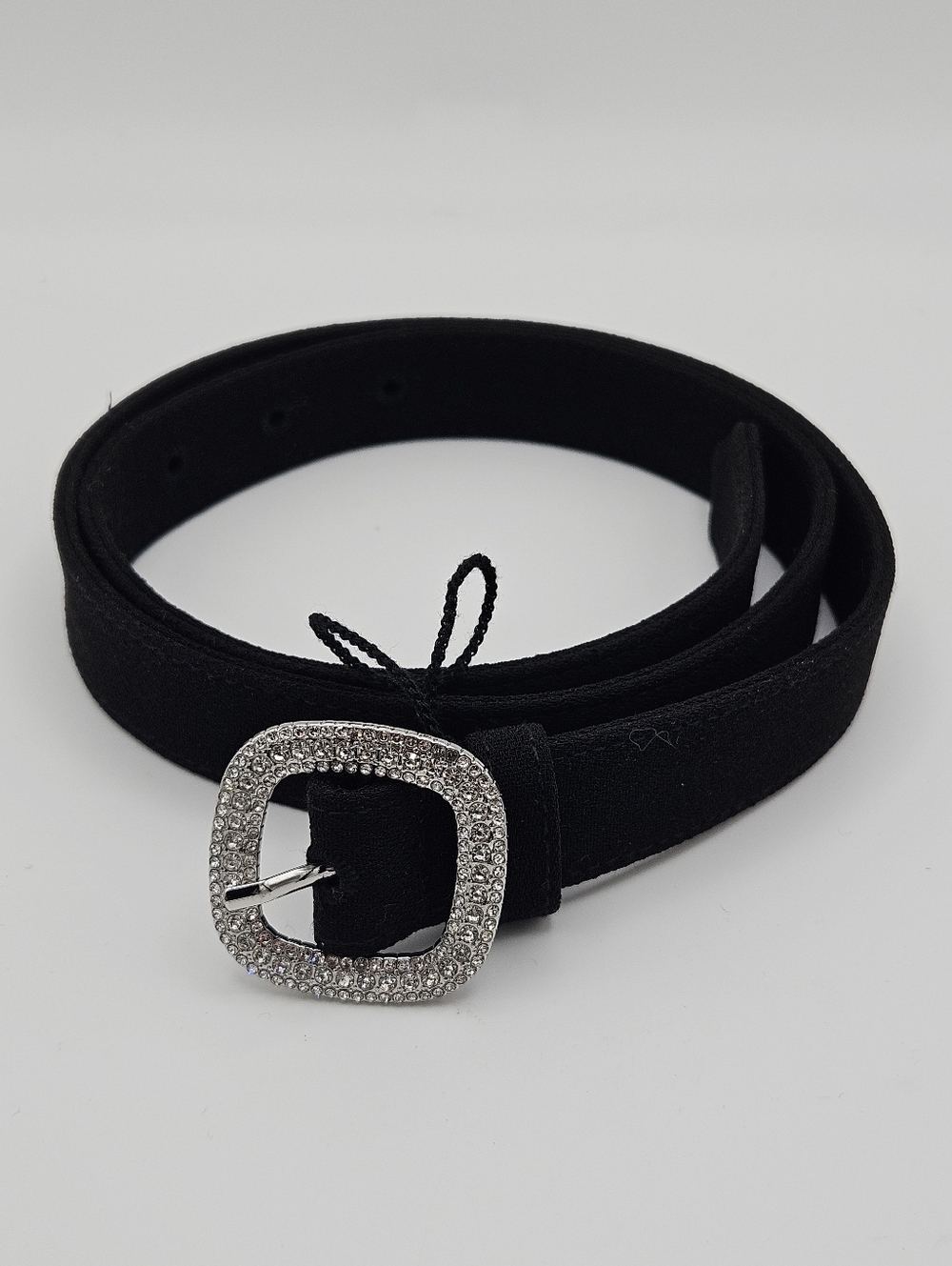 black fabric belt with silver tone square rhinestone buckle size 4